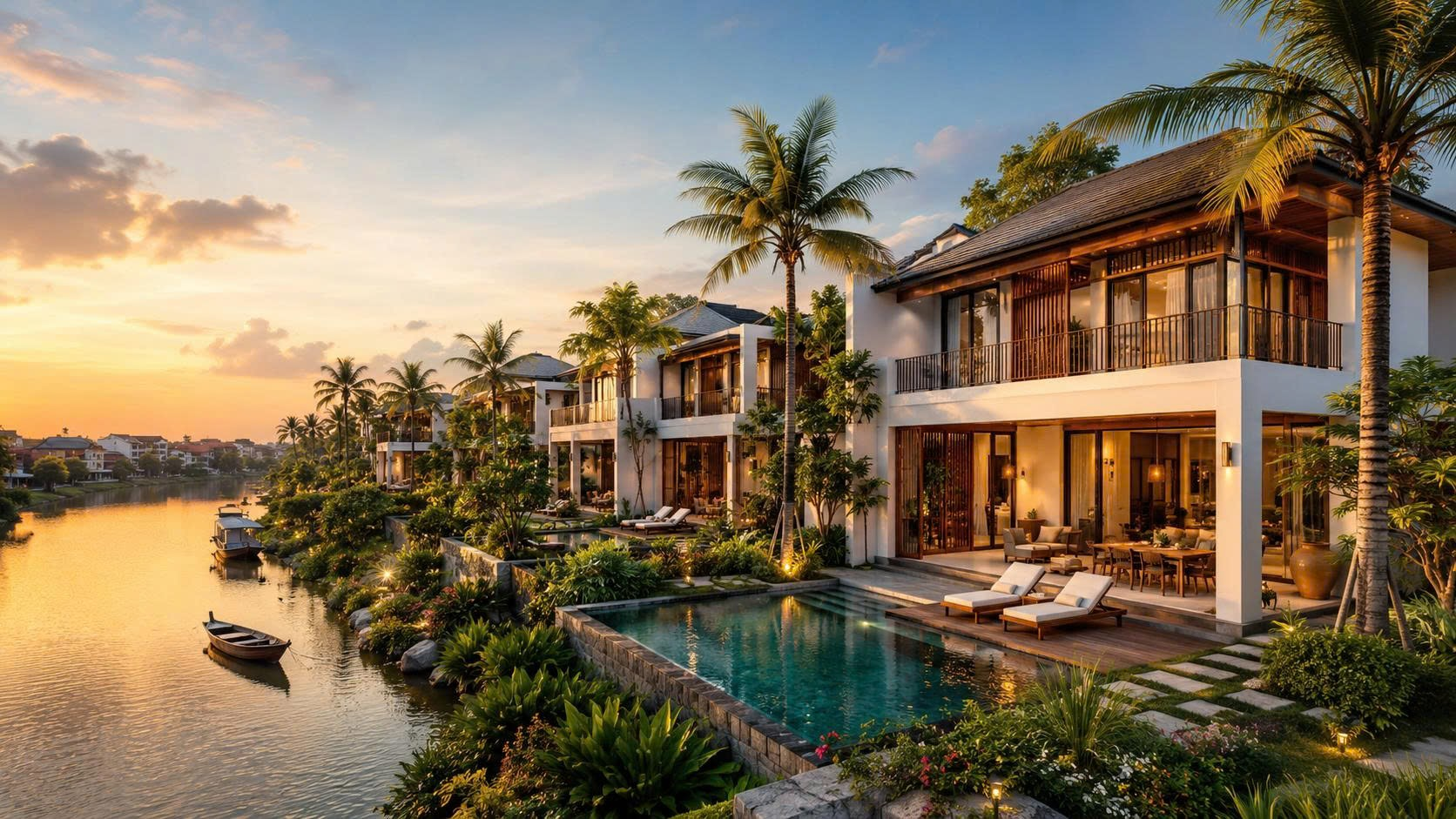 Biệt thự ven sông tại Hội An lúc hoàng hôn
